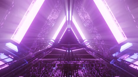 Computerized-motion-graphics-of-moving-through-purple-triangular-space-tunnel-with-light-of-positivity-emitting-from-center,-3d-rendering-and-illustration