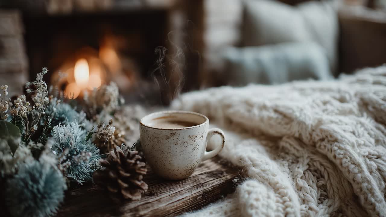 A Cozy Winter Scene Featuring a Warm Cup of Coffee Surrounded by Festive Decorations and a Snug Blanket Near a Glowing Fireplace, Perfect for Relaxation and Comfort
