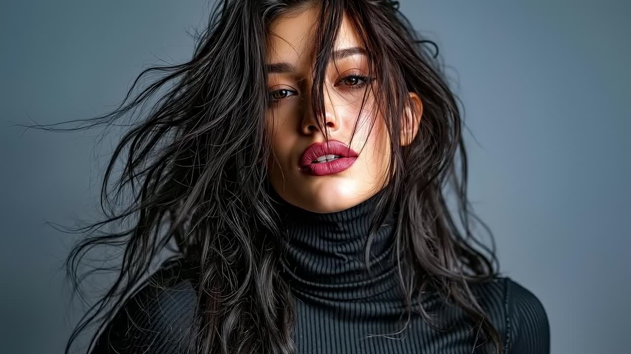 A woman with long black hair blowing in the wind