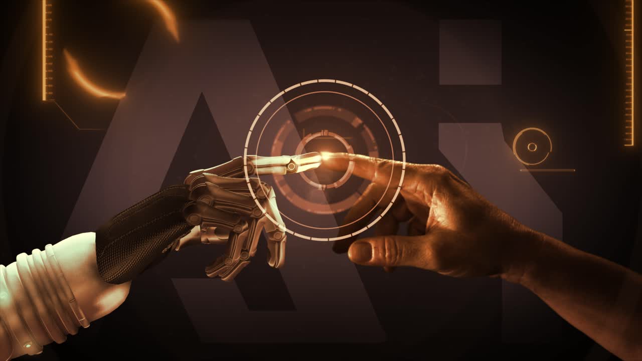 High quality 3D CGI of a robot arm reaching out and touching index fingertips with a human hand and activating a spinning tech gizmo and animated background AI data elements, in orange color scheme