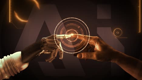 high quality 3d cgi of a robot arm reaching out and touching index fingertips with a human hand and activating a spinning tech gizmo and animated background ai data elements, in orange color scheme