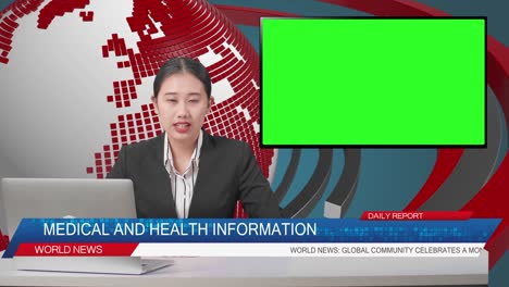 live news studio with asian professional female anchor, computer, and green screen television reporting on the events of the day