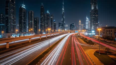 night cityscape with light trails and burj khalifa in dubai
