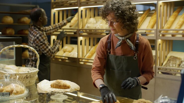 Woman Baker Arranging Croissants at a Bakery