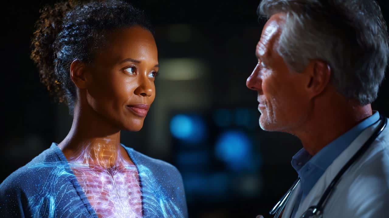 A Unique Interaction Between a Doctor and Patient, Showcasing Advanced Medical Technology with a 3D Visualization of Internal Anatomy, Illustrating Trust and Professionalism in Healthcare