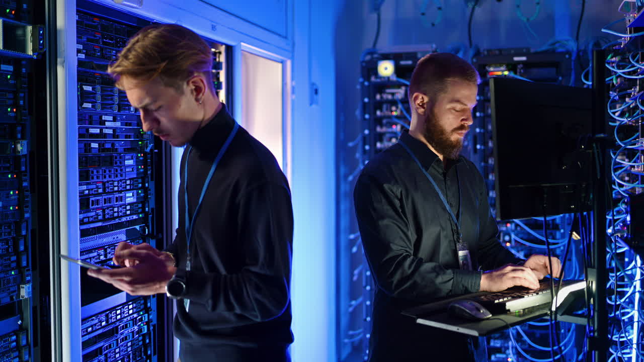 Two men programming in a server room
