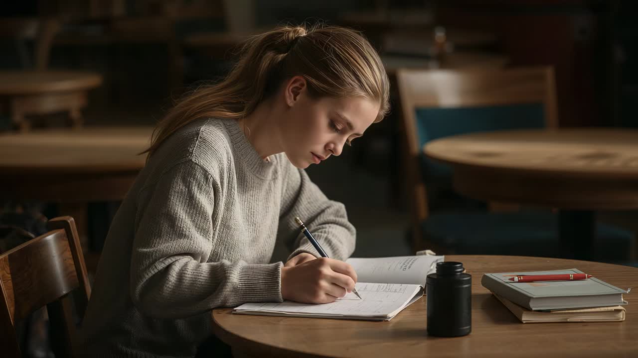 Penn som berører siden, grå topp, student som skriver, stopper og fortsetter i notatboken ved et rundt bord for å studere
