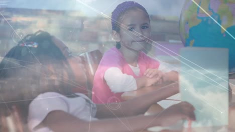 Animation of networks of connections over diverse schoolchildren reading globe