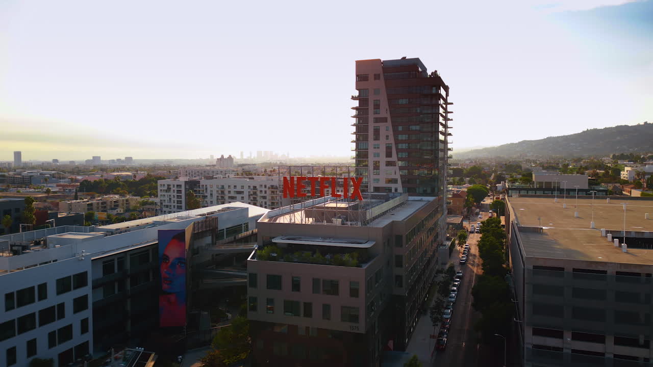 Los Angeles, USA, 29 August 2025: View on the building with Netflix sign on the roof. Aerial perspective on the cityscape of Los Angeles, California, USA