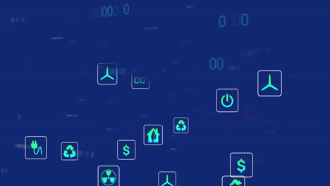 animation of digital eco icons and data processing over blue background