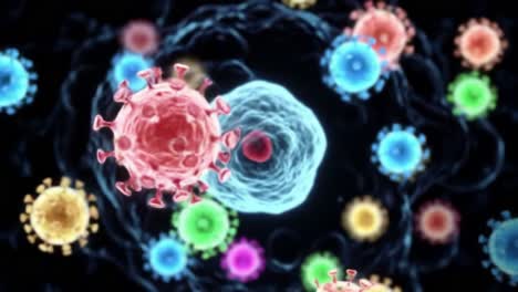 a stunning visualization of cellular interactions: exploring the dynamic relationship between colorful pathogens and immune cells amidst a microscopic landscape