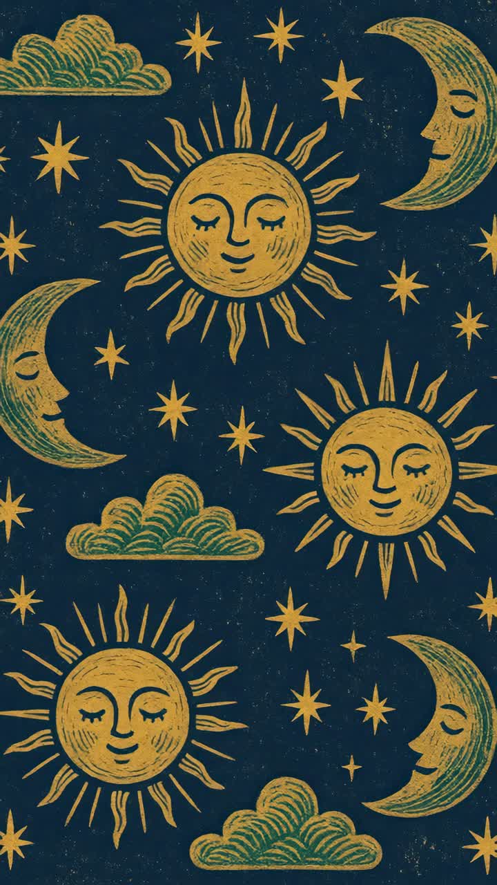Whimsical celestial pattern with suns, moons, and stars