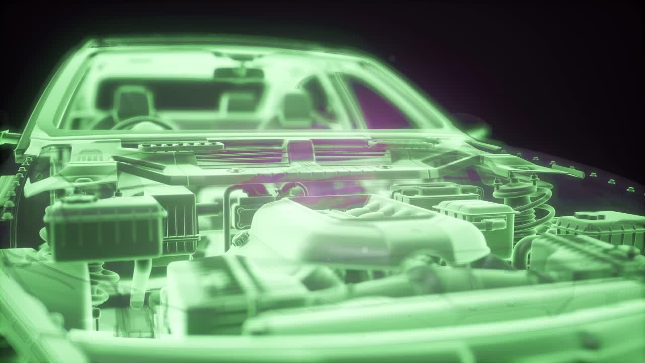 Holographic animation of 3D wireframe car model with engine
