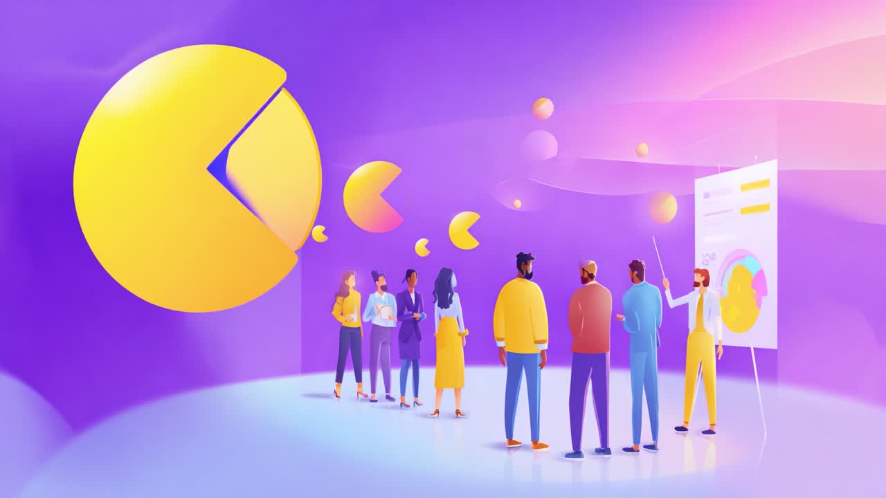 A Dynamic Group Presentation in a Colorful and Modern Environment Featuring Engaging Visuals with Pie Charts and Informative Graphs, Showcasing Collaborative Teamwork and Creativity
