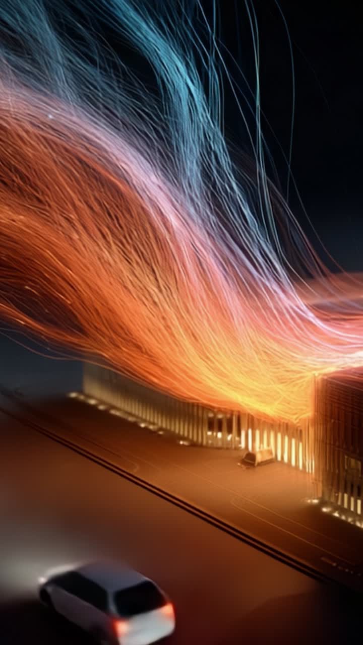 Visualisering af væskedynamik: En fantastisk kunstnerisk fremstilling af luftstrømsmønstre omkring en moderne struktur med farverige strømliner, der fanger bevægelse og energi.