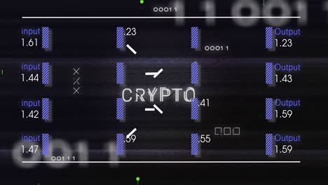 animación de texto criptográfico y entrada y salida de texto sobre líneas azules y placa de circuitos patten.