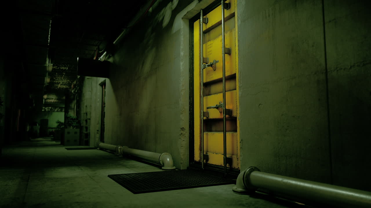 un corredor oscuro con una puerta de seguridad amarilla al final