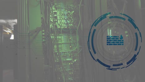 Animation-of-firewall-icon-over-round-scanner-against-computer-server-room