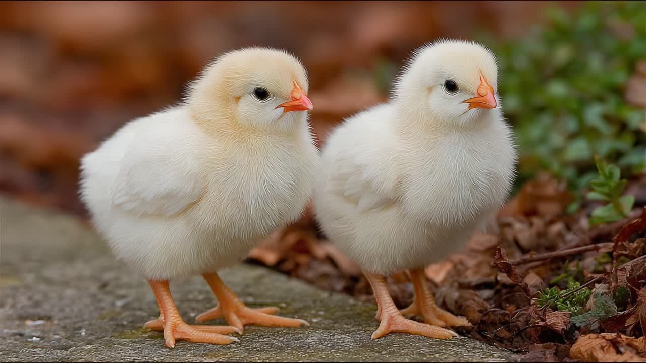 Zwei bezaubernde Küken erkunden inmitten von herabgefallenen Blättern ihre Umgebung und zeigen ihr flauschiges, weißes Gefieder und ihre unbändige Neugier in einer natürlichen Umgebung