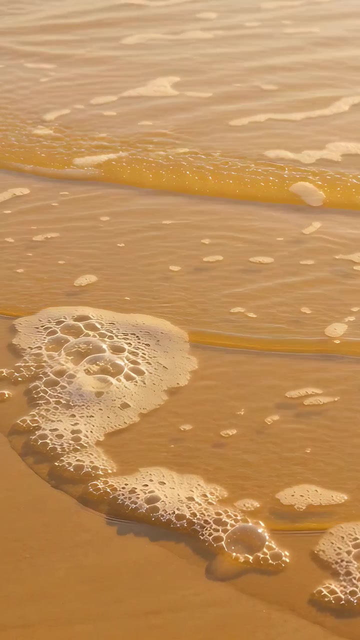 Vertikal video: Fremadskridende bølger skubber klynger af havskum ved en sandstrand, der reflekterer varmt lys