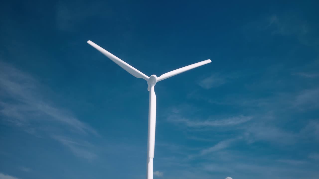 날개를 가진 대형 풍력 터빈의 3d 애니메이션 바다에서 풍력 발전소 타워, 해가 지는 시점에서 황혼에 있는 에너지 풍력 공장, 대체 에너지를 생산하는 많은 터빈 풍력 공장을 가진 풍력 에너지 농장.