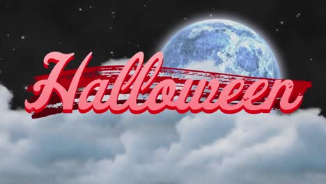 animation of halloween text over moon and clouds on sky