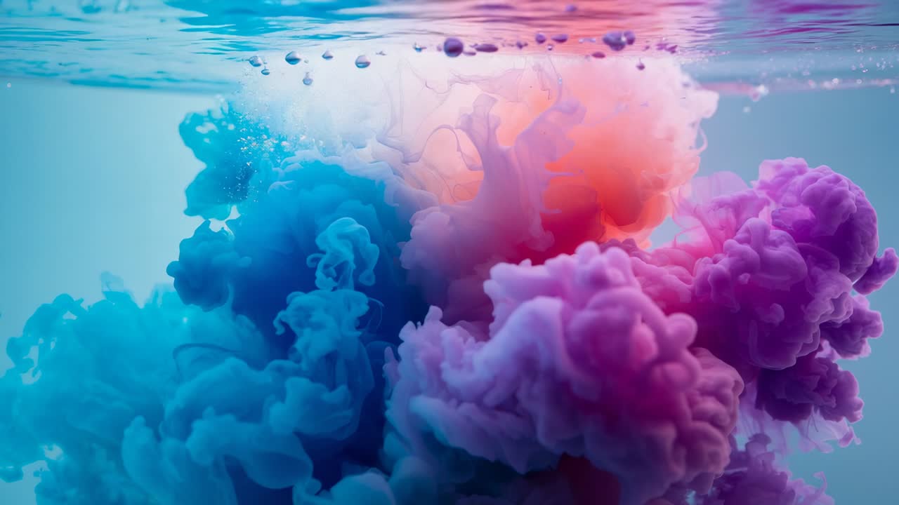 Blauwe inkt die omhoog kringelt in een transparante tank met luchtbellen, roze-paarse pluimen vermengen zich