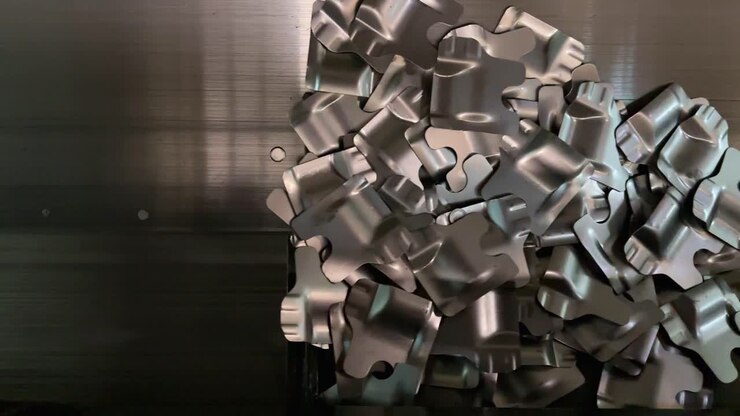An industrial conveyor belt with metal scrap in a metal processing company