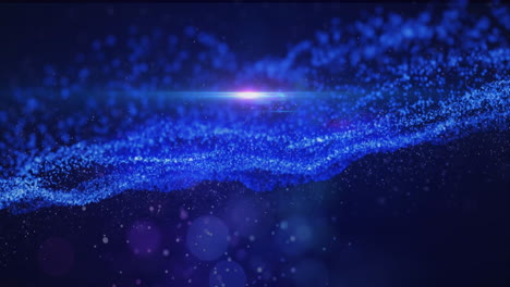 animación de puntos que forman ondas dinámicas y destellos de lentes sobre un fondo negro