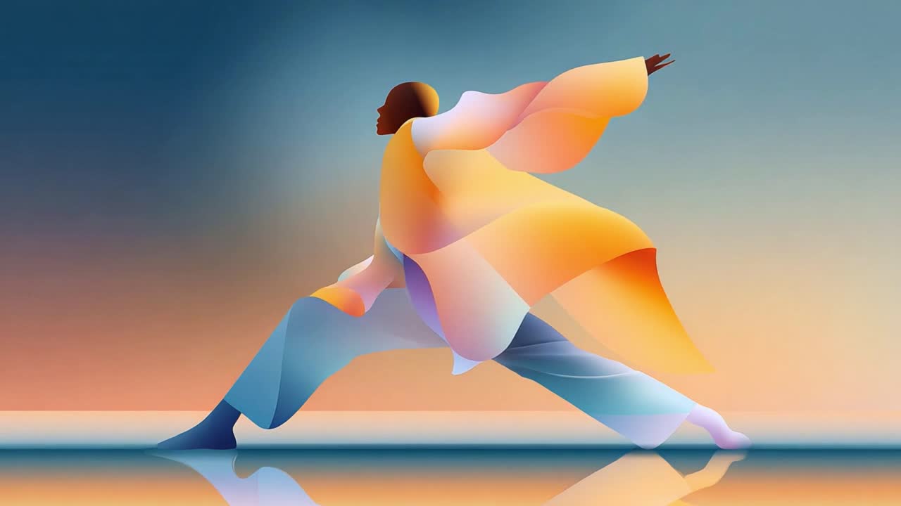 Dynamic Movement in Artistic Representation: This animated figure illustrates fluidity and grace in motion, showcasing a beautiful blend of colors and design, capturing the essence of modern art