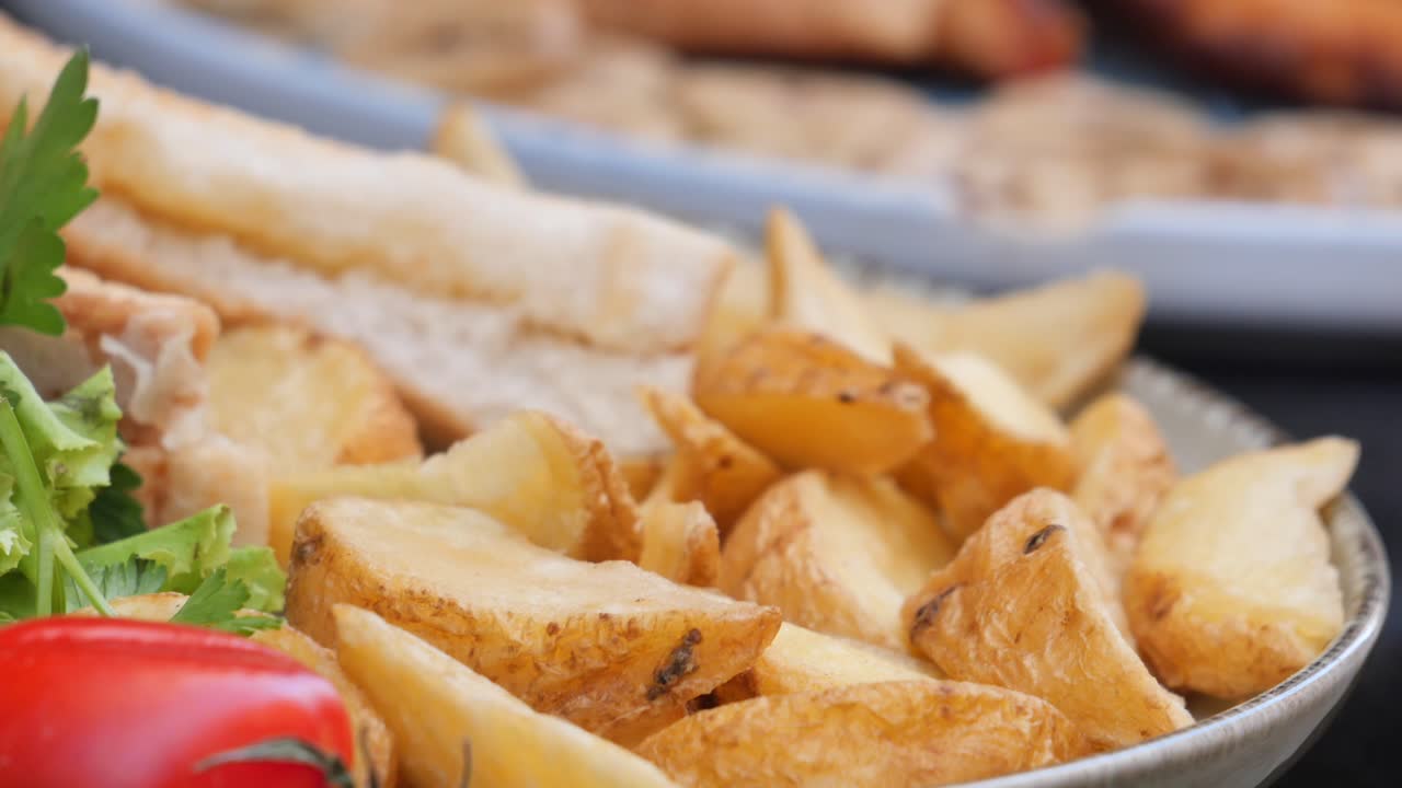 Primo piano di un piatto di spicchi di patate al forno con pomodoro e prezzemolo