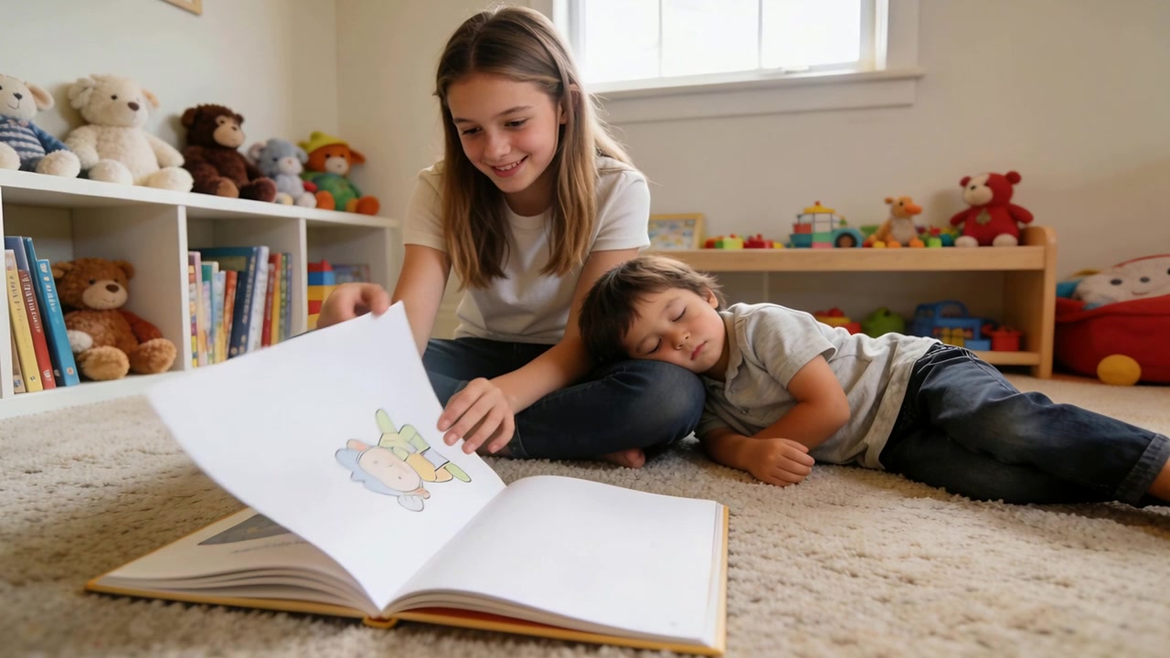 Tocando una imagen, hermana leyendo y pasando páginas en la sala de juegos, consolando a su hermano somnoliento con un libro