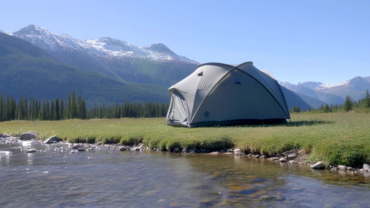 Grått kuppeltelt står på gresskledd elvebredd ved en klar bekk med glatte steiner, svake krusninger, furuskog, snødekte fjell, klart dagslys og rolig alpint villmark. Telt, camping.