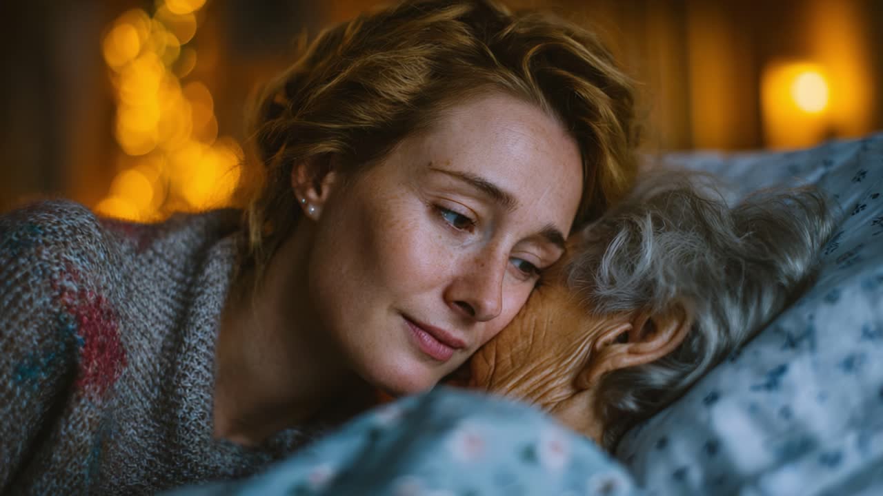 Un tenero momento di connessione e amore tra una giovane donna premurosa e la sua anziana madre mentre si scambiano un abbraccio intimo in una stanza accogliente piena di calore ed emozione.