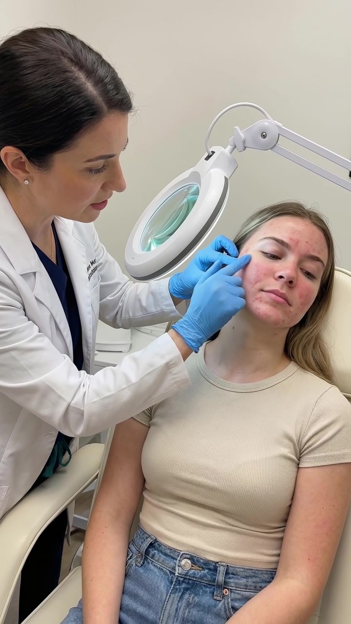 Professionel hudlæge bruger en forstørrelseslampe til at undersøge en kvindelig patients ansigtshud på en klinik.