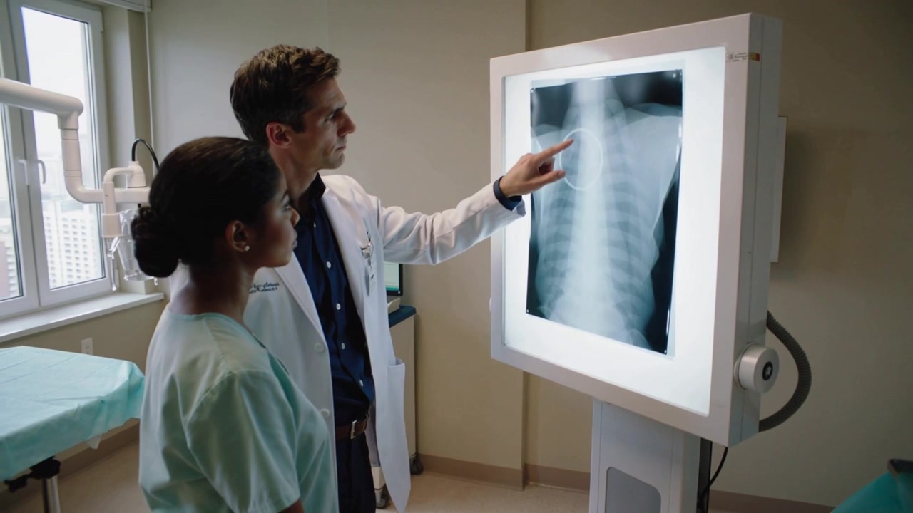 Pointing Dr in coat guiding nurse in blue scrubs at exam-room lightbox, explaining implant on x-ray