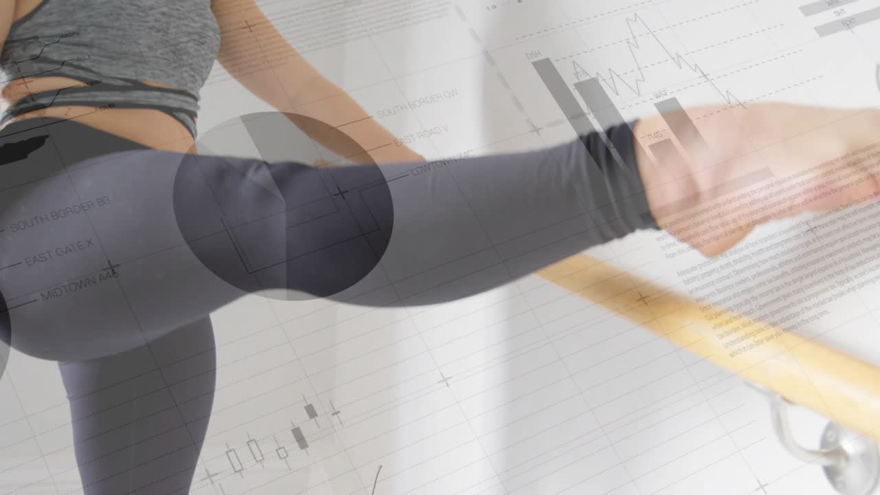 Woman shifting weight, lifting foot onto barre for fitness, with translucent charts over body