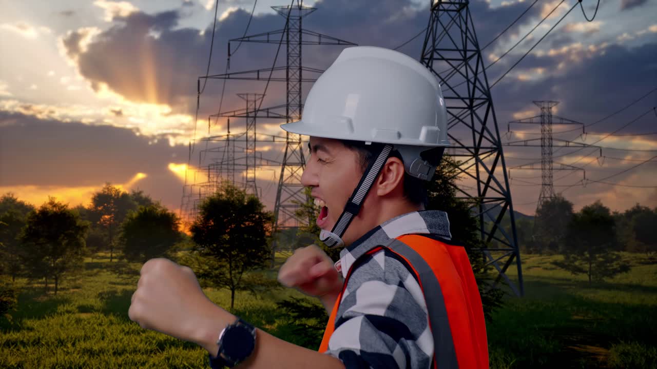 Ingeniero emocionado celebrando el éxito con líneas eléctricas al atardecer
