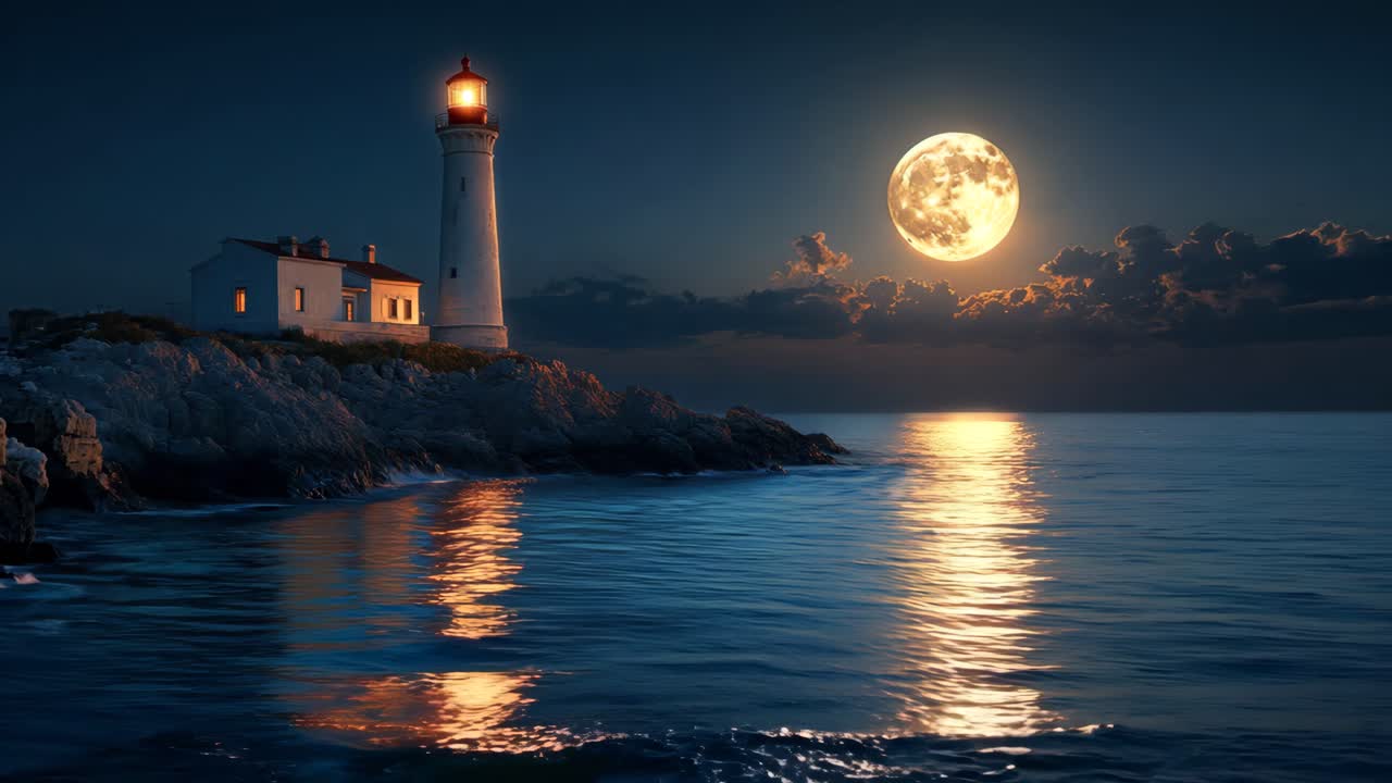 A lighthouse is on a rocky shoreline with a large moon in the sky. The moon is reflecting on the water, creating a serene and peaceful atmosphere