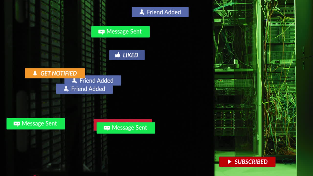 Animation of social media icons falling against computer server room