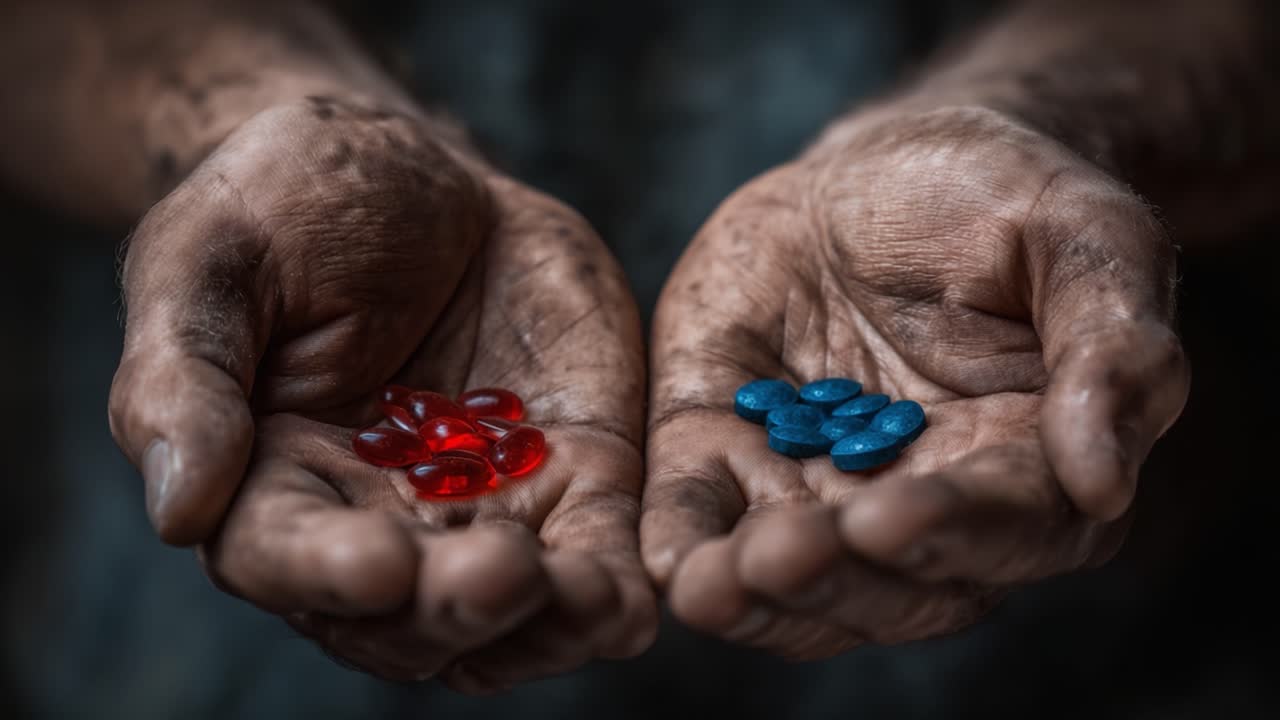 A Person's Hands Holding Two Distinct Types of Capsules, One Red and One Blue, Highlighting a Choice Between Two Different Options in a Raw and Grimy Setting