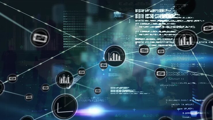 Animation of statistics, data processing and network of connections with people icons