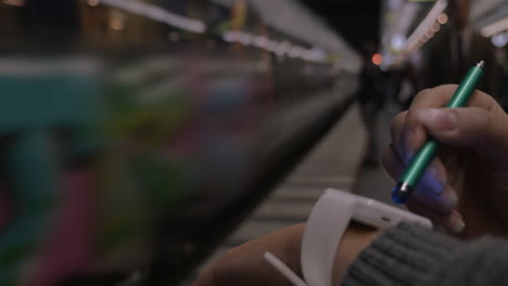 woman using smart watch at underground station