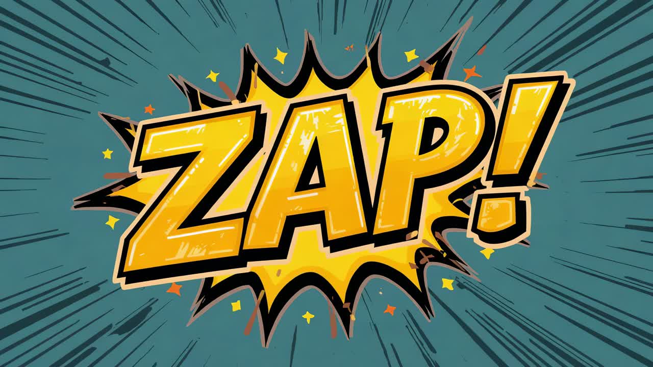 ZAP! cômico e pulsante, gráfico aumentando e brilhando em um plano de fundo cerceta, com reflexo de lente, explosão e listras