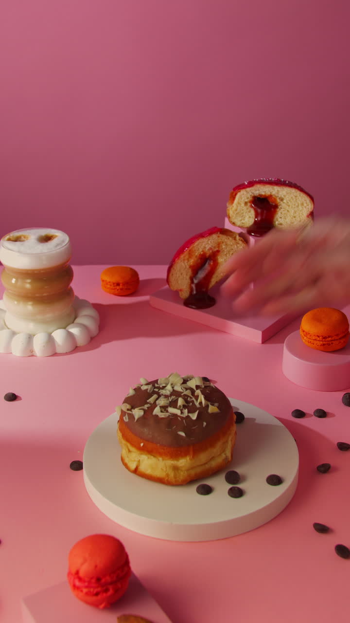 A chocolate-glazed Berliner donut topped with white chocolate shavings is gently placed on a white pedestal, surrounded by styled props like macarons, coffee and jelly-filled pastry in a pastel pink
