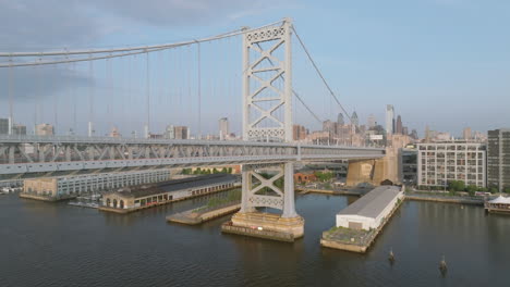aerial view of the ben franklin bridge at sunrise. shot in philadelphia, pennsylvania