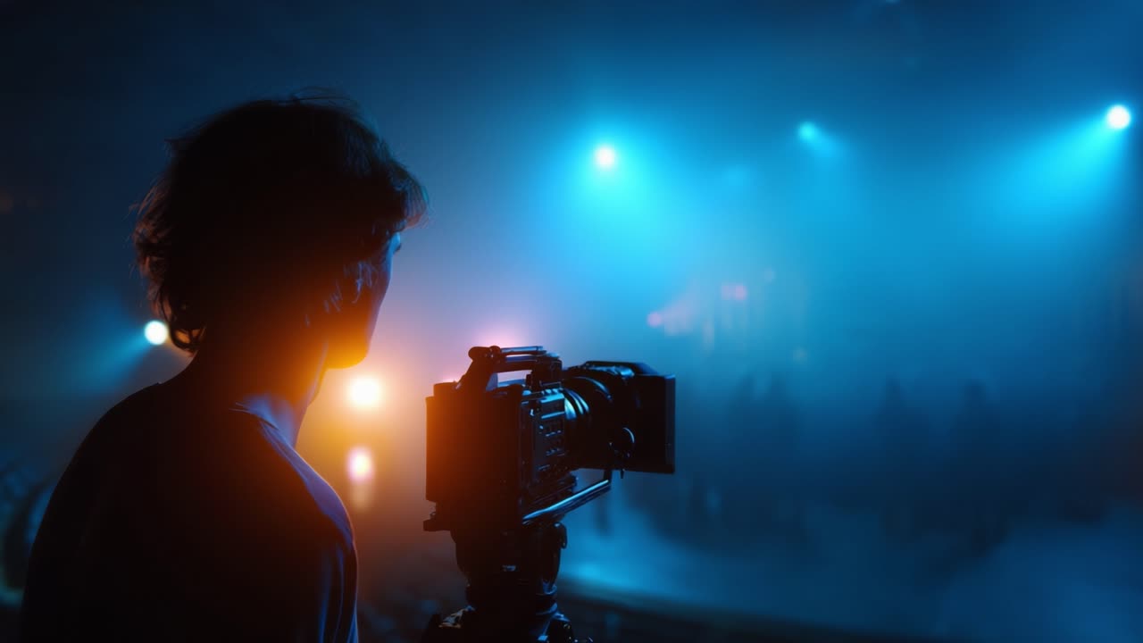 Un'esperienza cinematografica: un operatore di camera cattura l'atmosfera vivace di uno spettacolo dal vivo sotto un'illuminazione drammatica e un allestimento artistico del palco