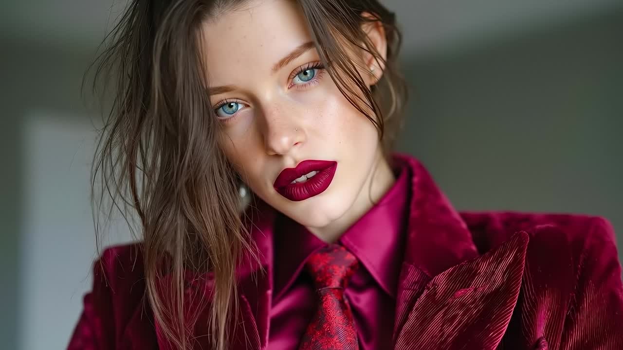 A woman in a red suit and red tie posing for a picture
