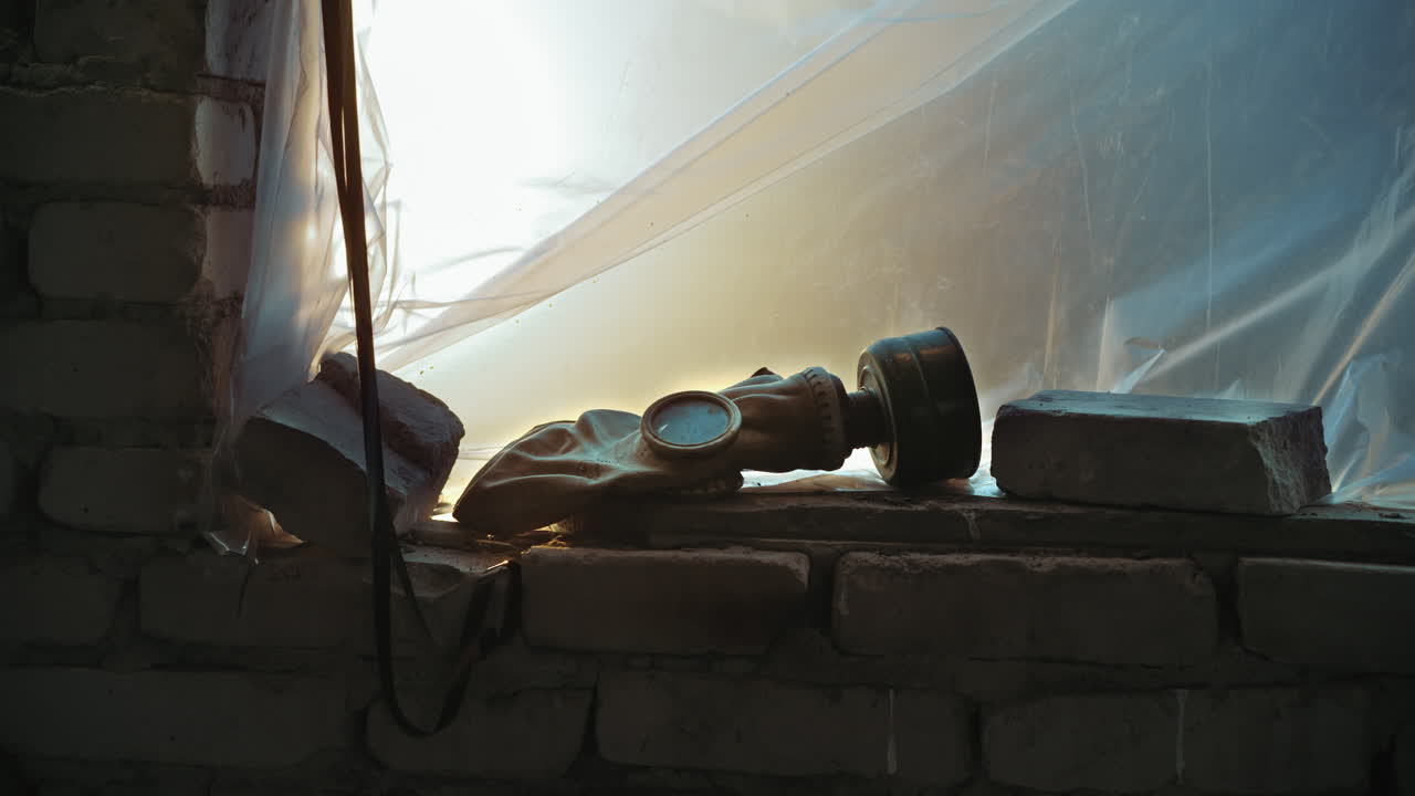 Close up of vintage gas mask with round eyepiece and filter resting on rough brick wall near plastic sheet glowing with sunlight, symbolizing survival, safety, history and protection