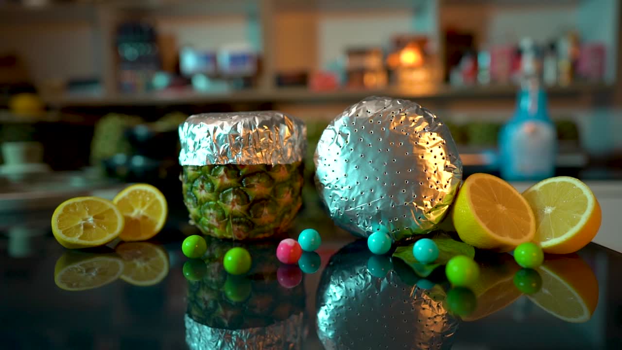 느린 동작으로 과일과 둥근 껌이 있는 파인애플 후카 한 그릇 전체 샷 - 120fps